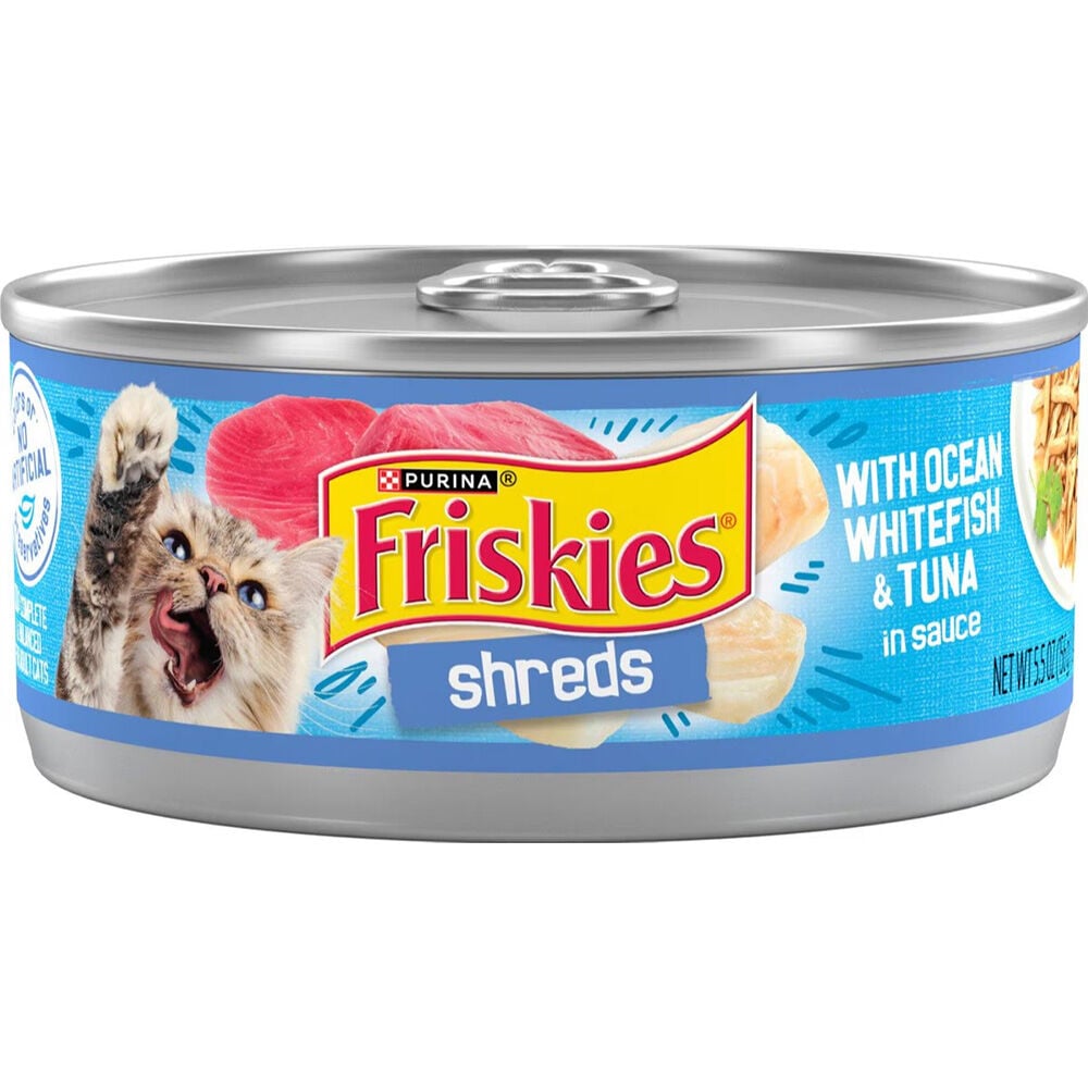 image of Friskies Wet Cat Food- Shreds, Ocean Whitefish and Tuna, 5.5 oz