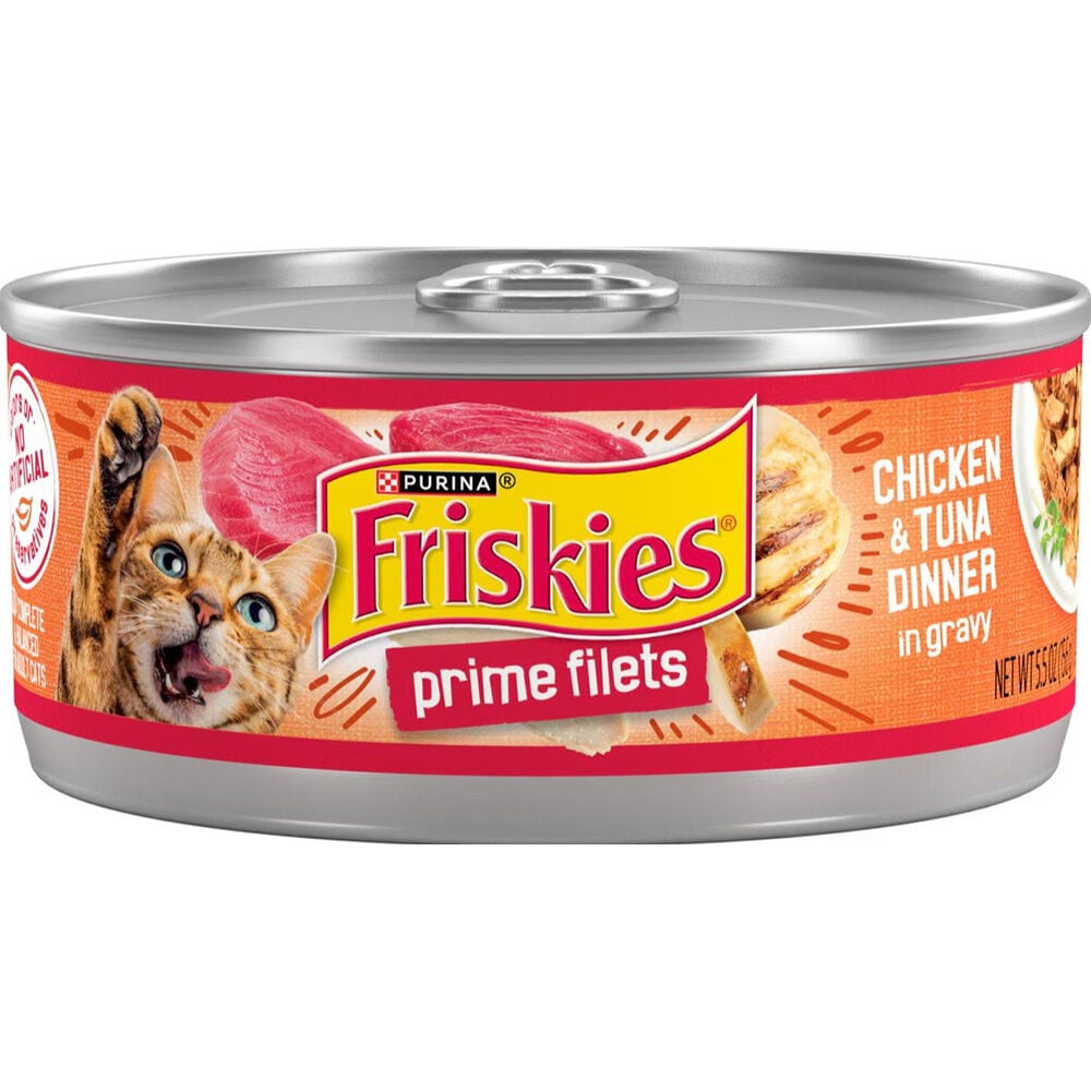 image of Friskies Wet Cat Food- Prime Filets, Chicken and Tuna Dinner, 5.5 oz