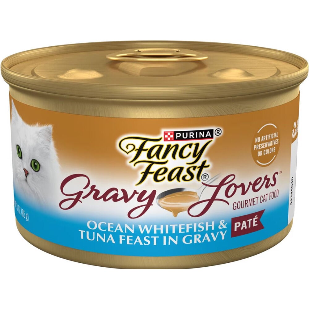 image of Fancy Feast Wet Cat Food- Gravy Lovers, Ocean Whitefish and Tuna Feast, 3 oz