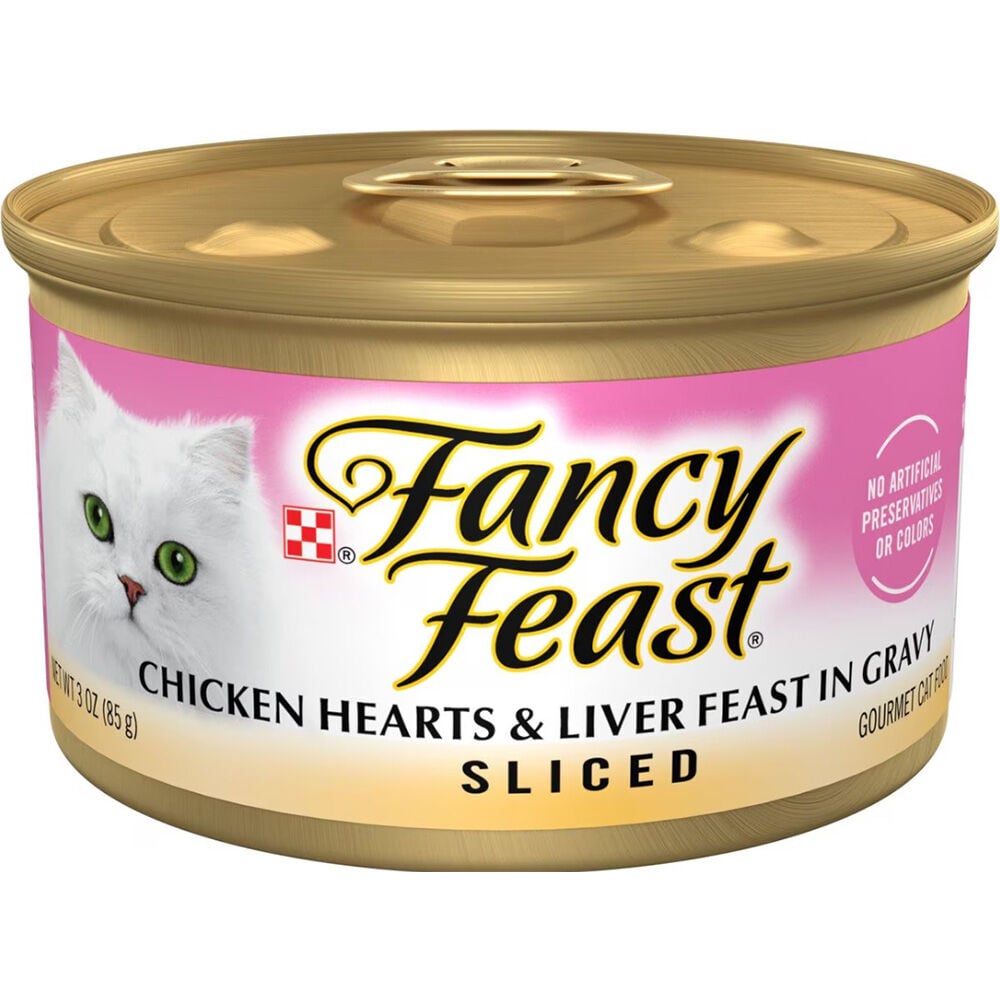 image of Fancy Feast Wet Cat Food- Sliced, Chicken Hearts and Liver Feast in Gravy, 3 oz