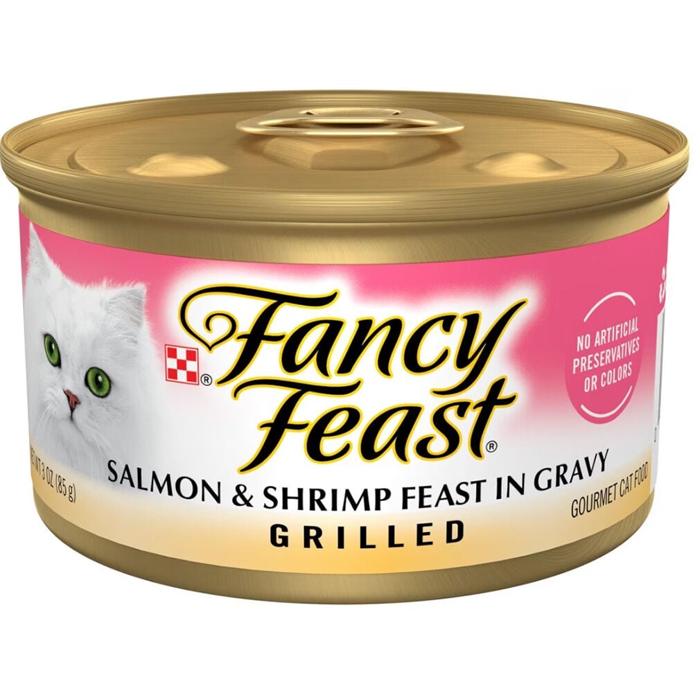 image of Fancy Feast Wet Cat Food- Grilled, Salmon and Shrimp Feast in Gravy, 3 oz