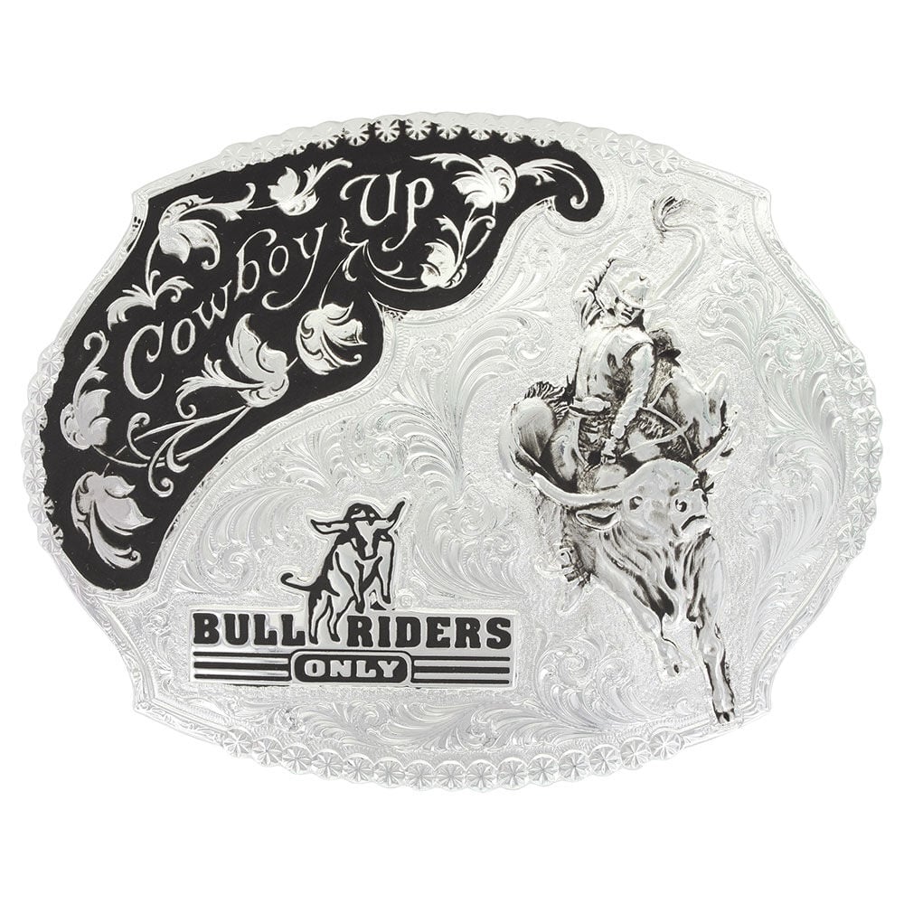 image of Cowboy Up Bull Riders Only Western Belt Buckle Silver