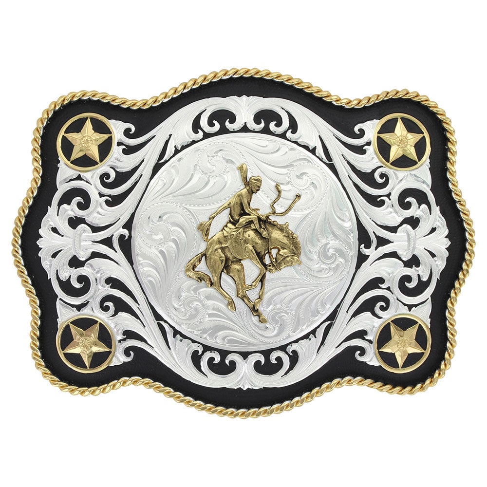 image of Sheridan Style Scalloped Western Belt Buckle with Bronc Rider