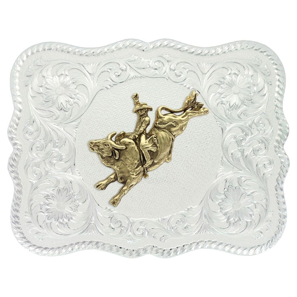 image of Western Scalloped Belt Buckle with Bull Rider Silver