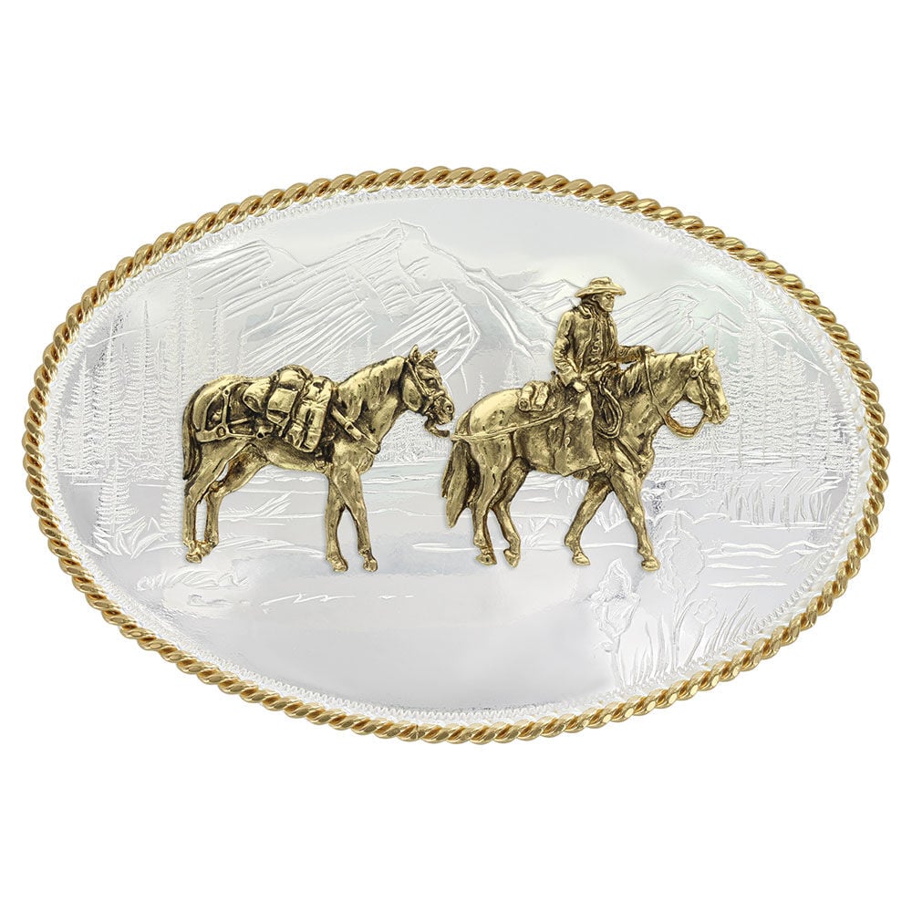 image of Etched Mountains Western Belt Buckle with Pack Horse and Rider