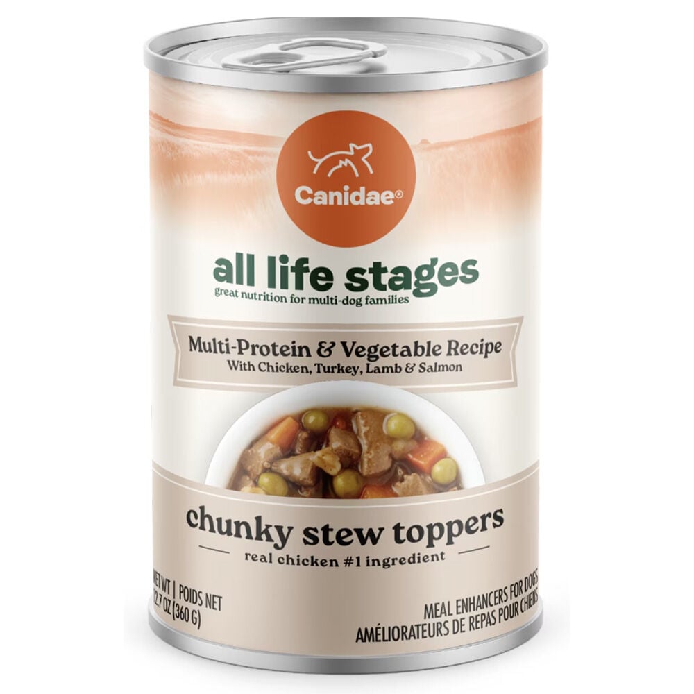 image of Wet Dog Food, All Life Stages, Chunky Stew Toppers Multi-Protein and Vegetable, 12.7 oz