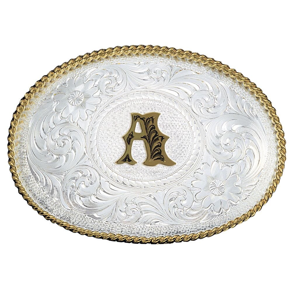 image of Silver Engraved Gold Trim Western Belt Buckle