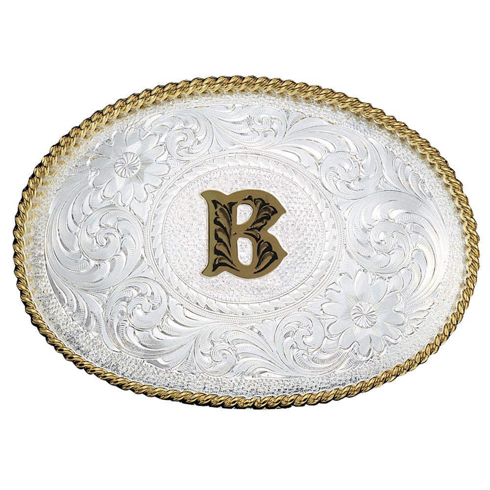 image of Silver Engraved Gold Trim Western Belt Buckle