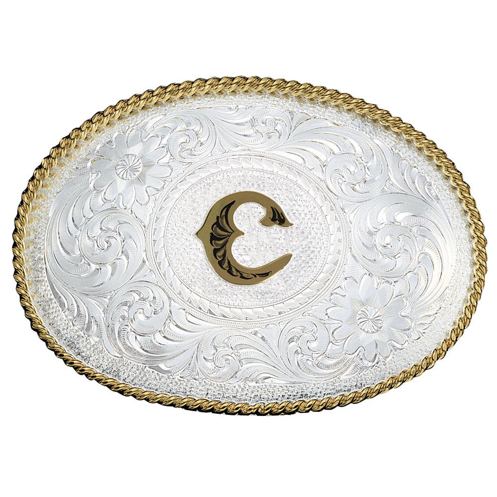 image of Silver Engraved Gold Trim Western Belt Buckle