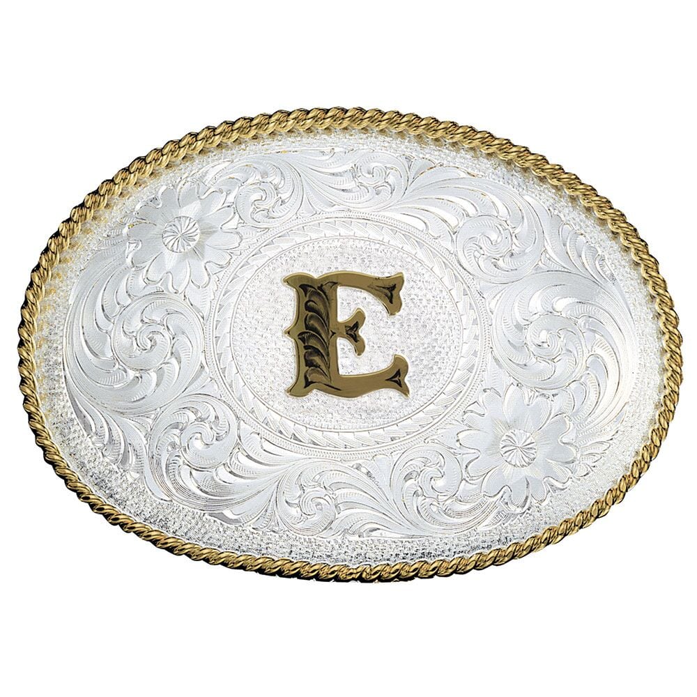 image of Silver Engraved Gold Trim Western Belt Buckle