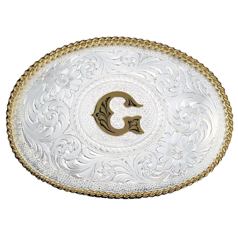 image of Silver Engraved Gold Trim Western Belt Buckle