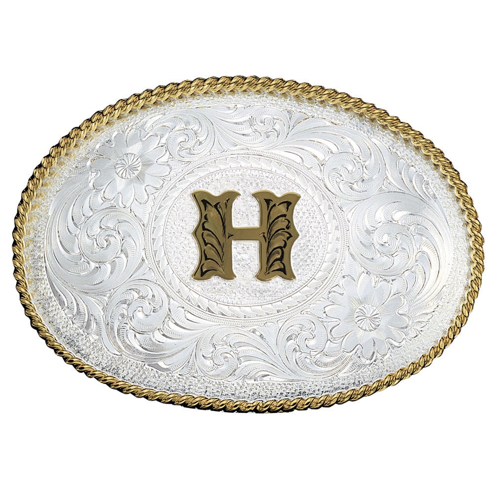 image of Silver Engraved Gold Trim Western Belt Buckle