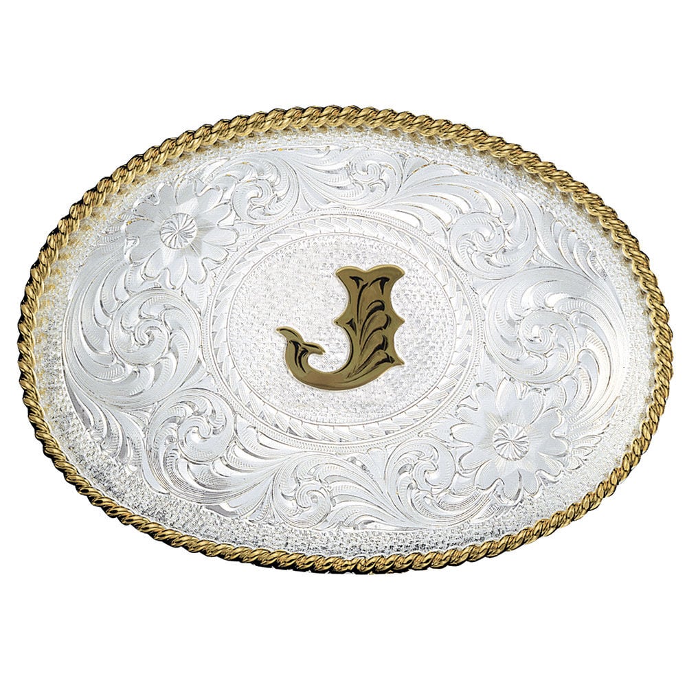 image of Silver Engraved Gold Trim Western Belt Buckle