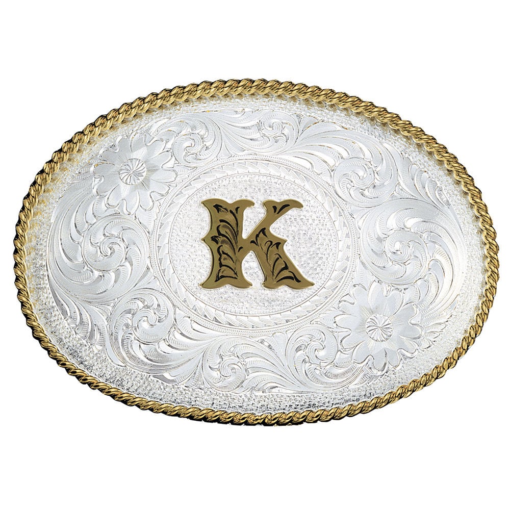 image of Silver Engraved Gold Trim Western Belt Buckle