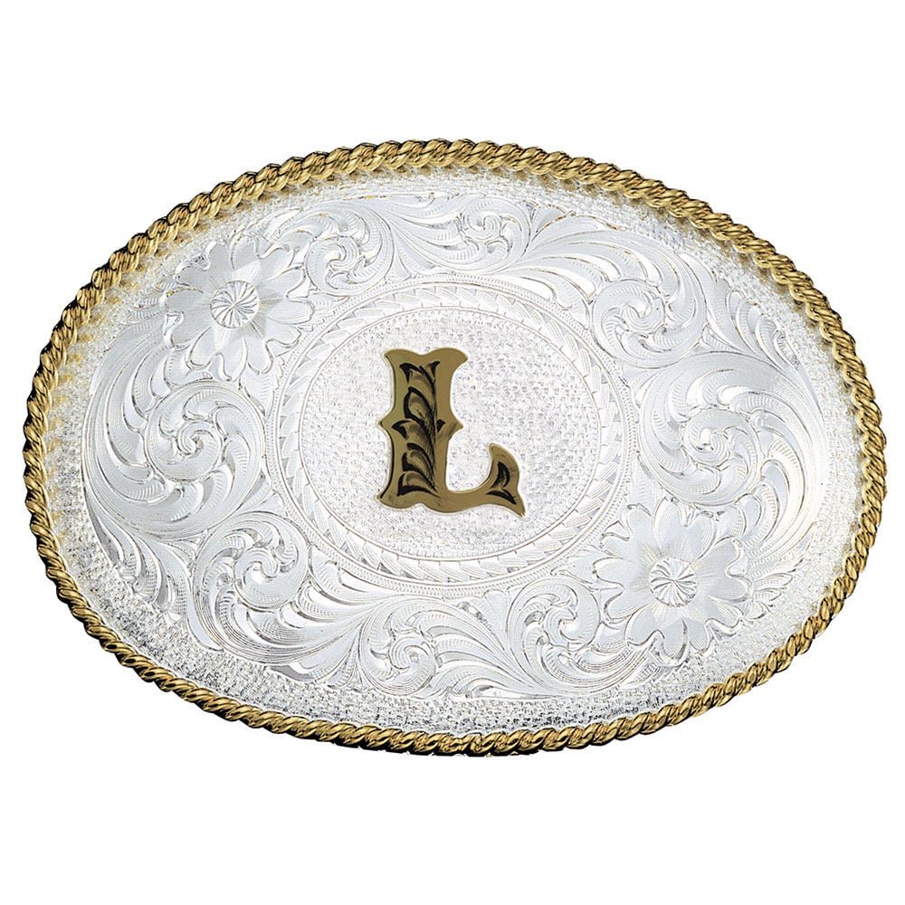 image of Silver Engraved Gold Trim Western Belt Buckle