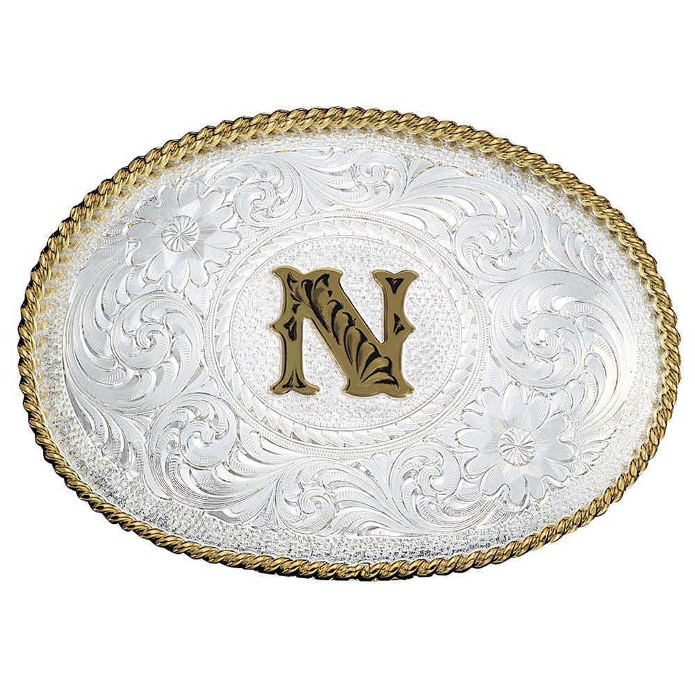 image of Silver Engraved Gold Trim Western Belt Buckle