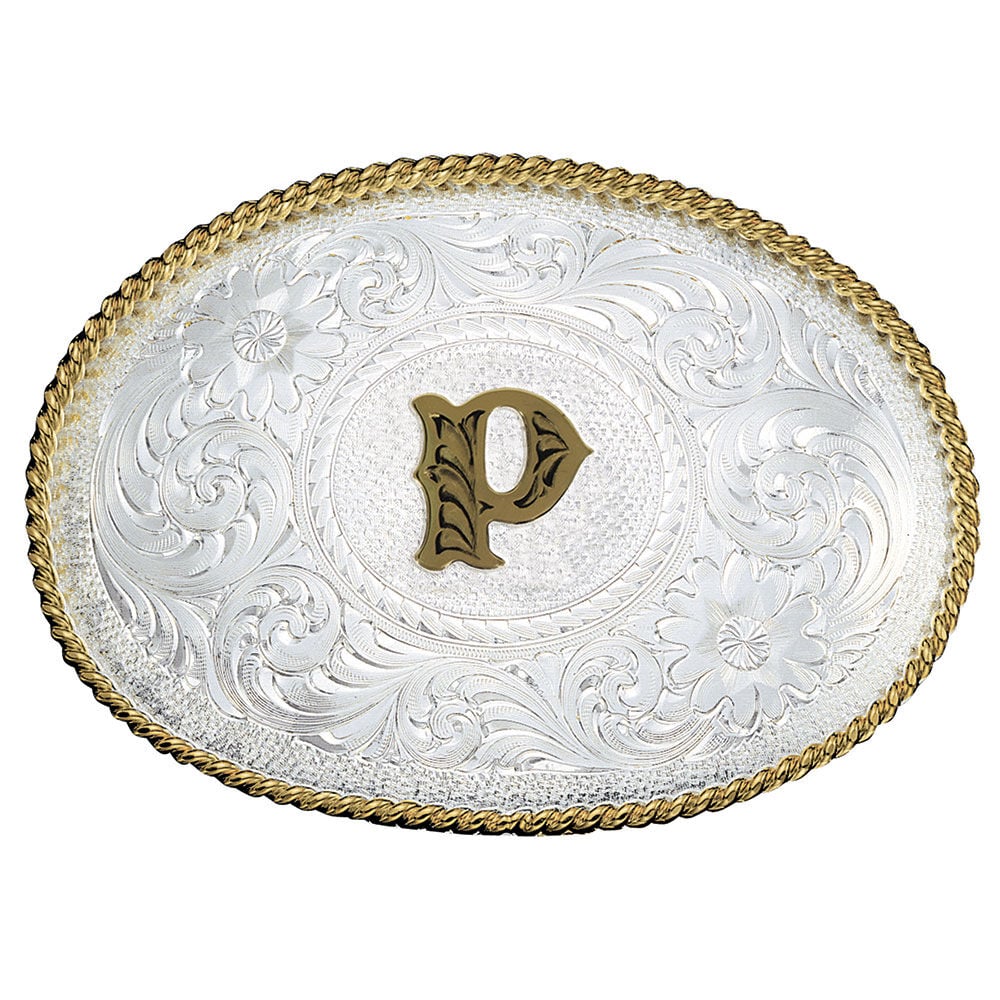 image of Silver Engraved Gold Trim Western Belt Buckle