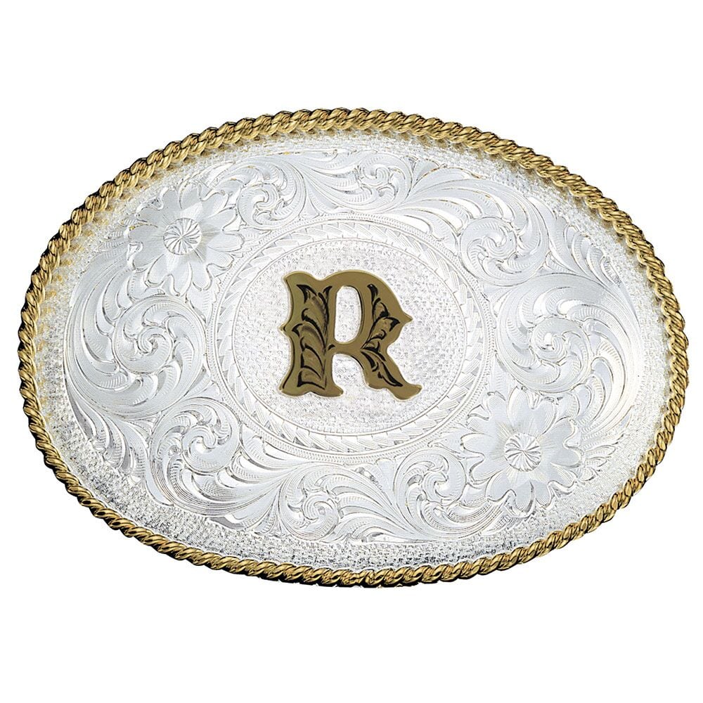 image of Silver Engraved Gold Trim Western Belt Buckle