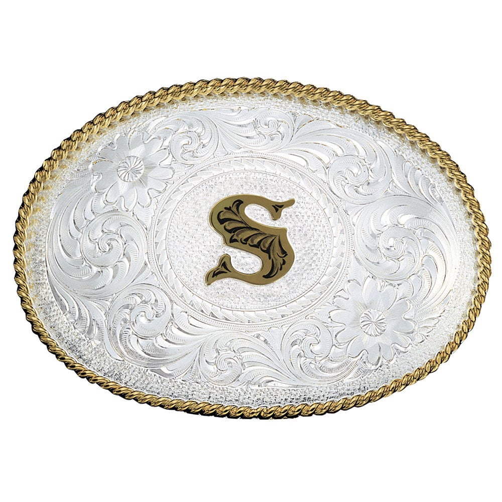 image of Silver Engraved Gold Trim Western Belt Buckle
