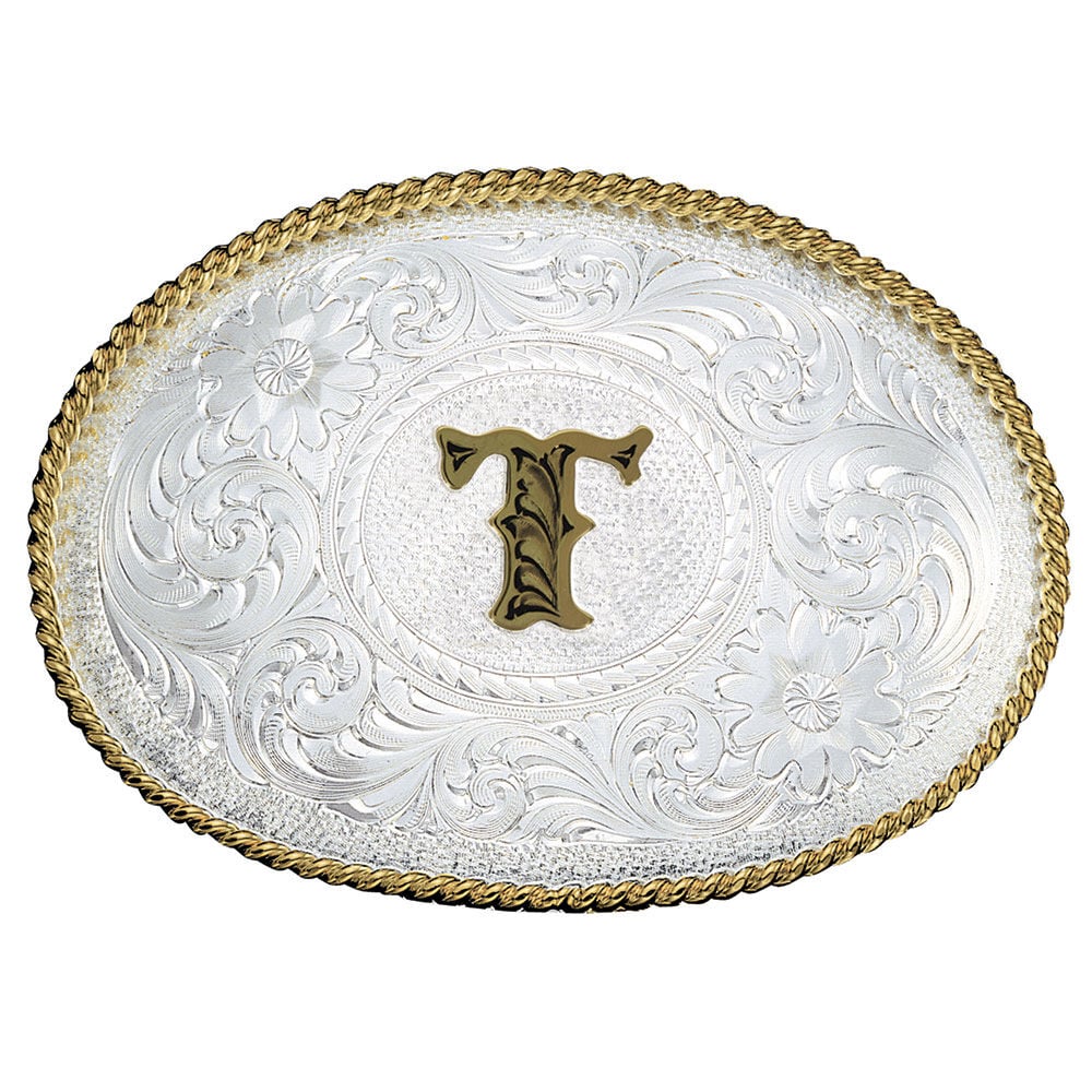 image of Silver Engraved Gold Trim Western Belt Buckle