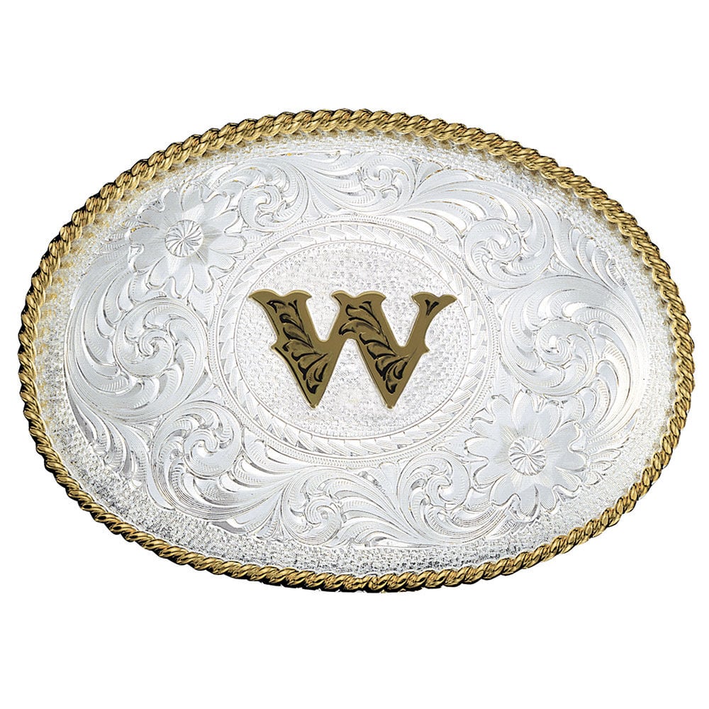 image of Silver Engraved Gold Trim Western Belt Buckle