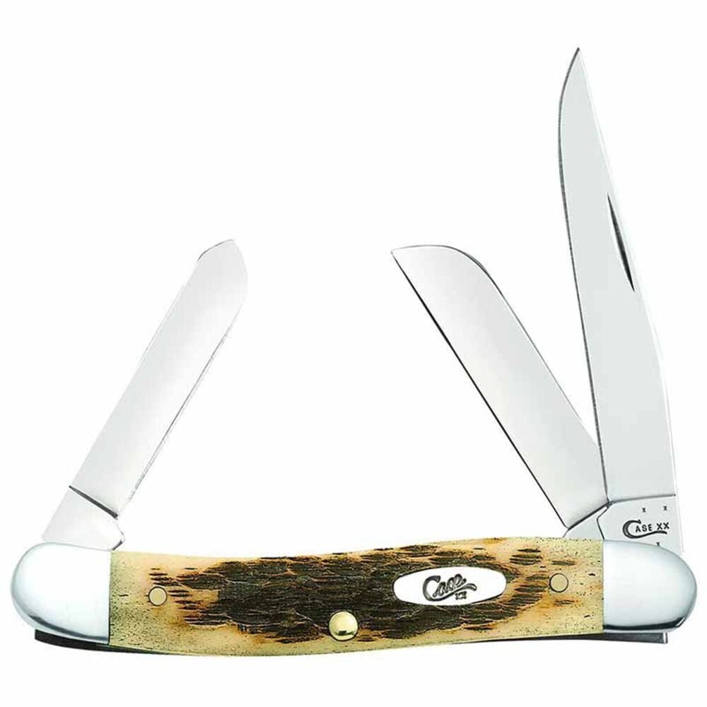 image of Amber Bone Peach Seed Jig Chrome Vanadium Medium Stockman Knife with Spey Blade