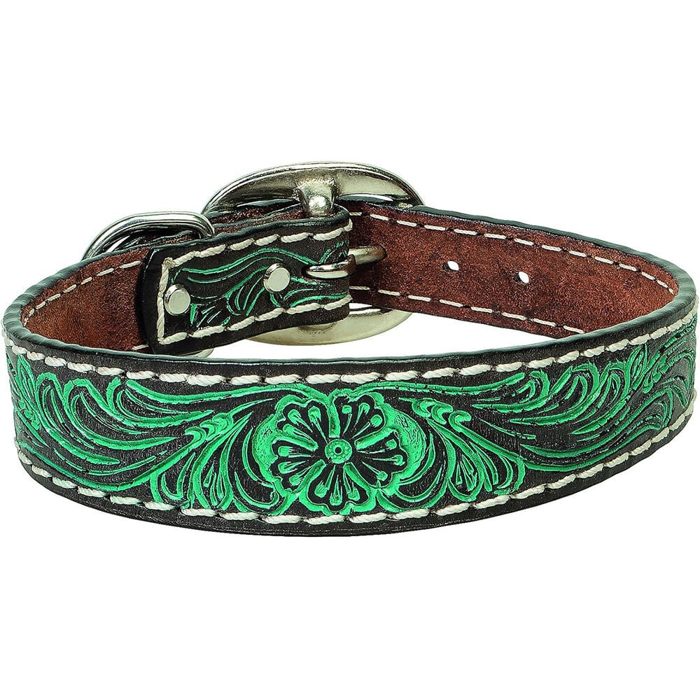 image of Carved Turquoise Flower Dog Collar, 3/4 in x 17 in