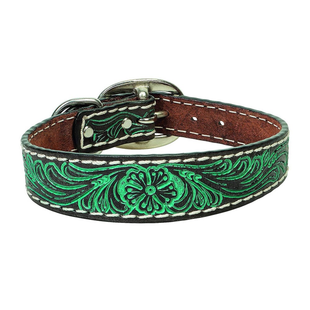 image of Carved Turquoise Flower Dog Collar, 1-inch x 19-inch
