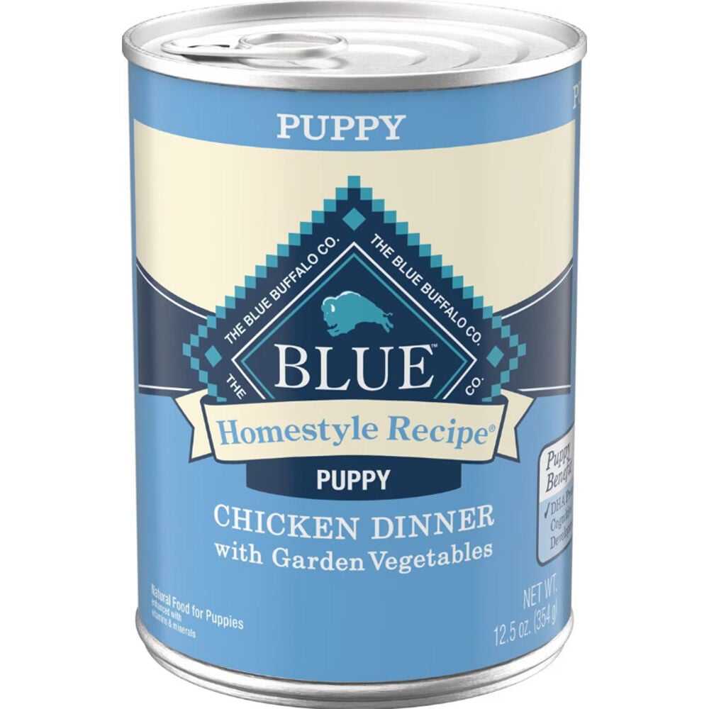 image of BLUE Homestyle Chicken Dinner with Garden Vegetables Canned Dog Food for Puppies, 12.5 oz