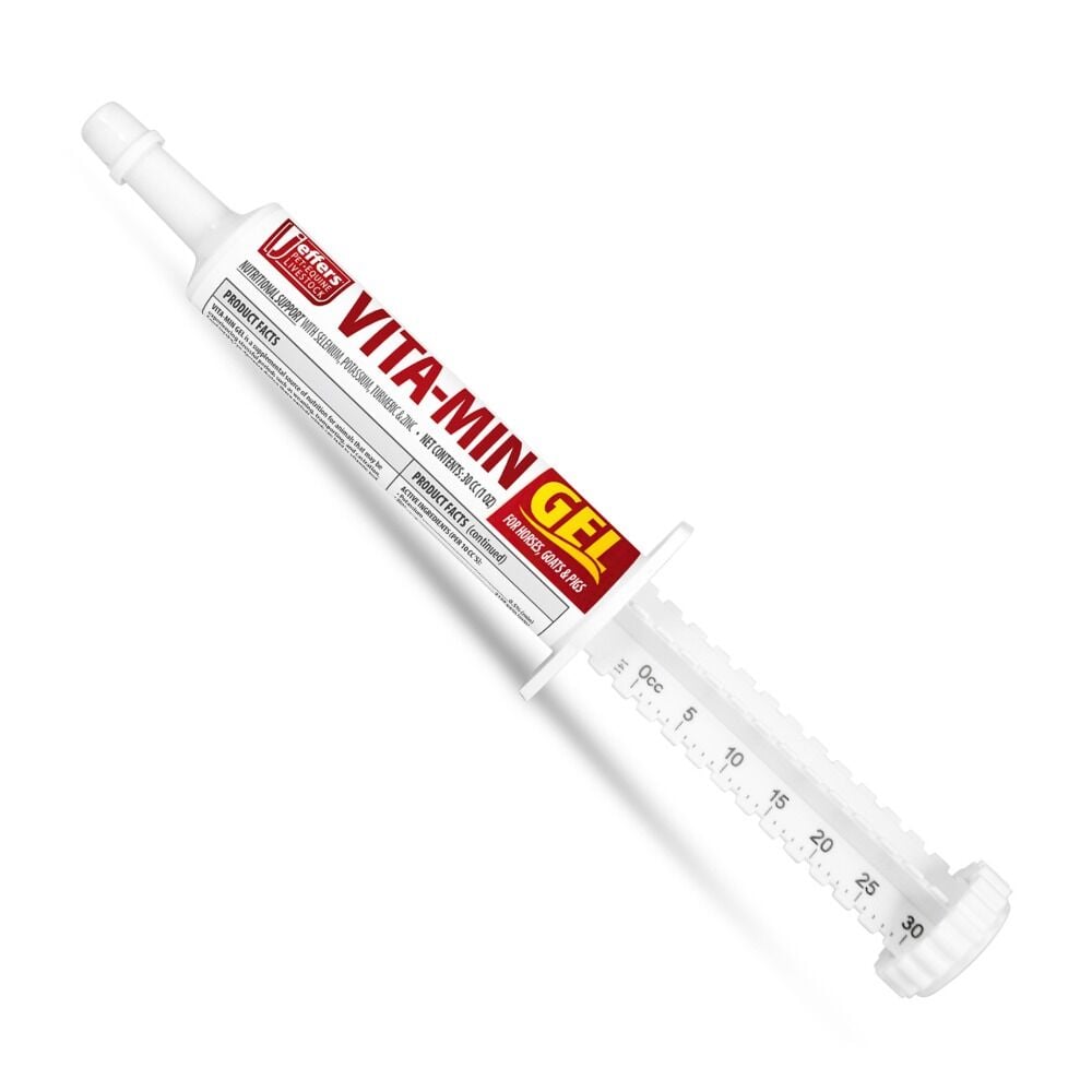 image of Vita-Min Gel for Livestock & Horses – Multivitamin & Mineral Supplement with Selenium, Zinc, Potassium & Turmeric, 30 cc (1 oz) Tube