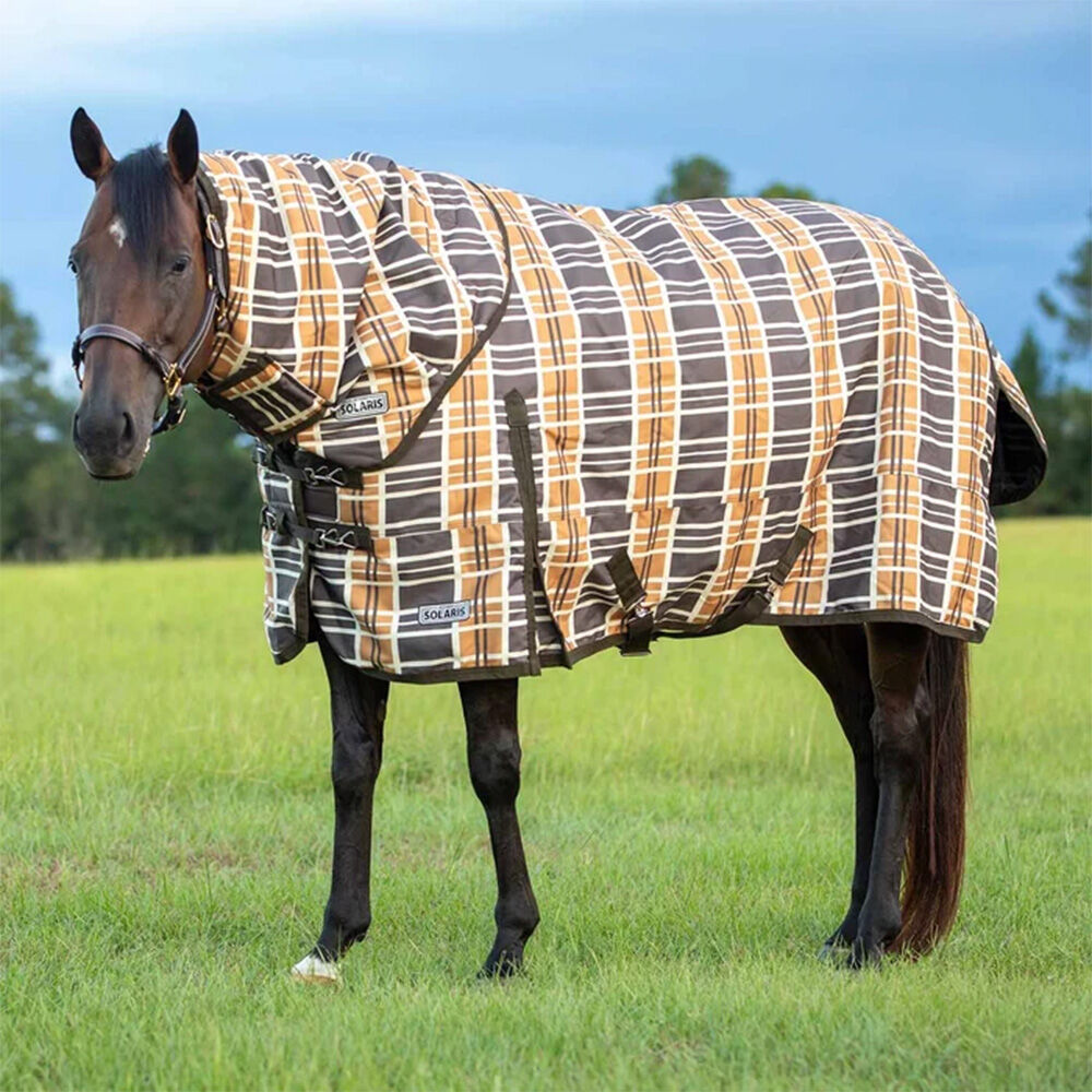 image of Solaris 1200D Heavy Weight Horse Turnout Blanket with Detachable Neck Rug - 360 g - Brown & Cream Plaid