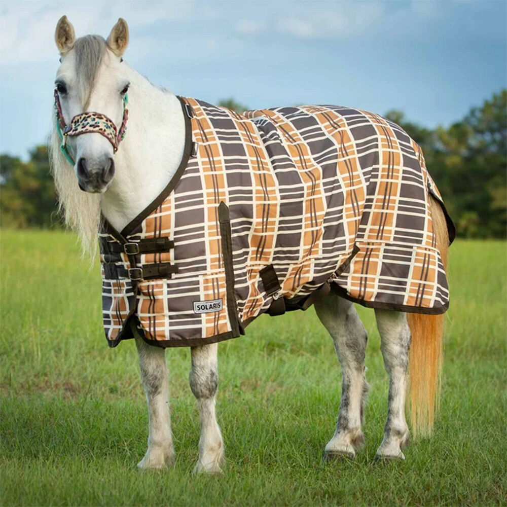 image of Pony Poppins Solaris 1200D Medium Weight Pony Horse Turnout Blanket- 240 g - Brown & Cream Plaid 