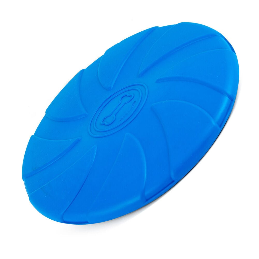 image of Blue Bone Stamped Frisbee Natural Rubber 8 in Dog Toy for Fetching & Chewing - Medium