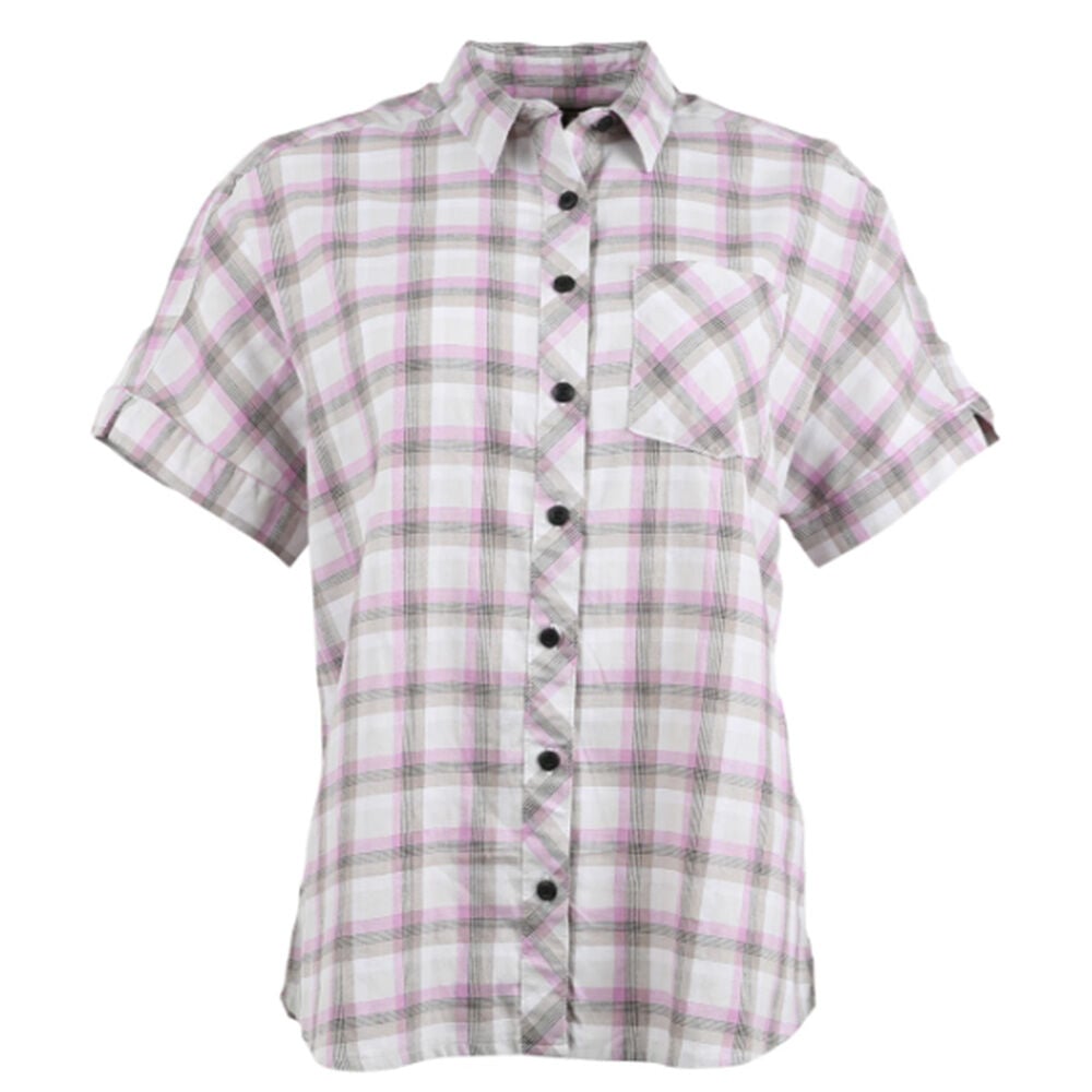 image of Women's FullFlexx Drop Shoulder Short Sleeve Everyday Shirt- Purple Ash Plaid