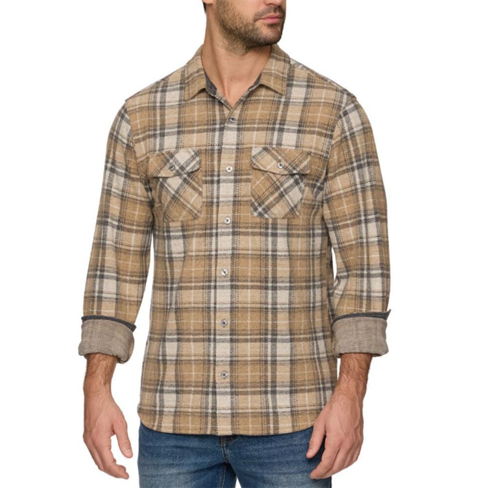 image of Men's Benjamin Long Sleeve Knit Flannel Shirt- Taupe