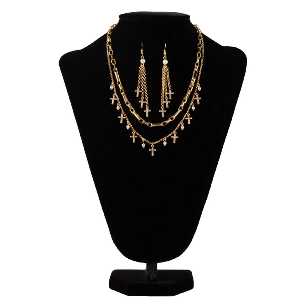 image of Women's Gold Cross and Pearl Jewelry Set
