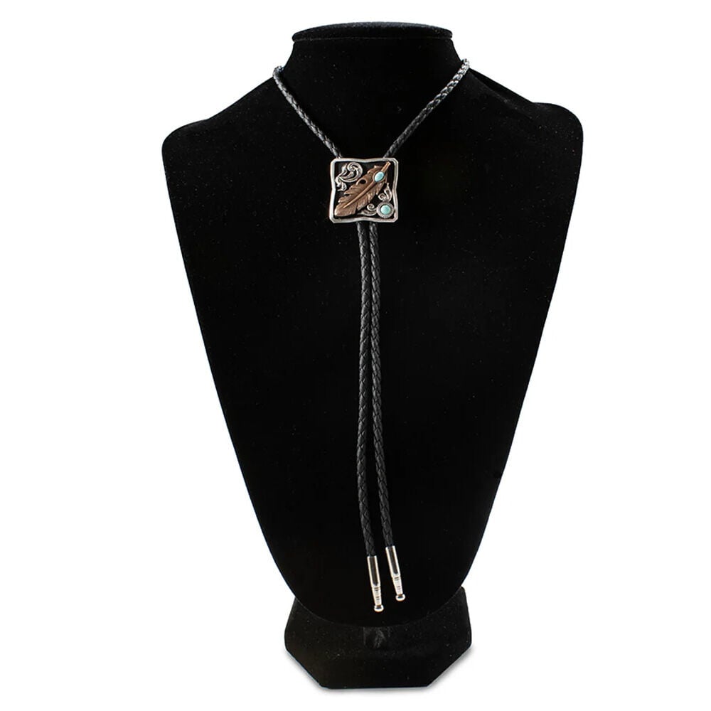 image of Men's Square Engraved Feather and Turquoise Bolo Tie