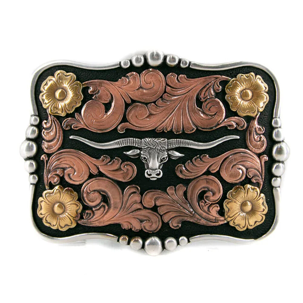 image of Men's Rectangle Scrolling Longhorn Belt Buckle