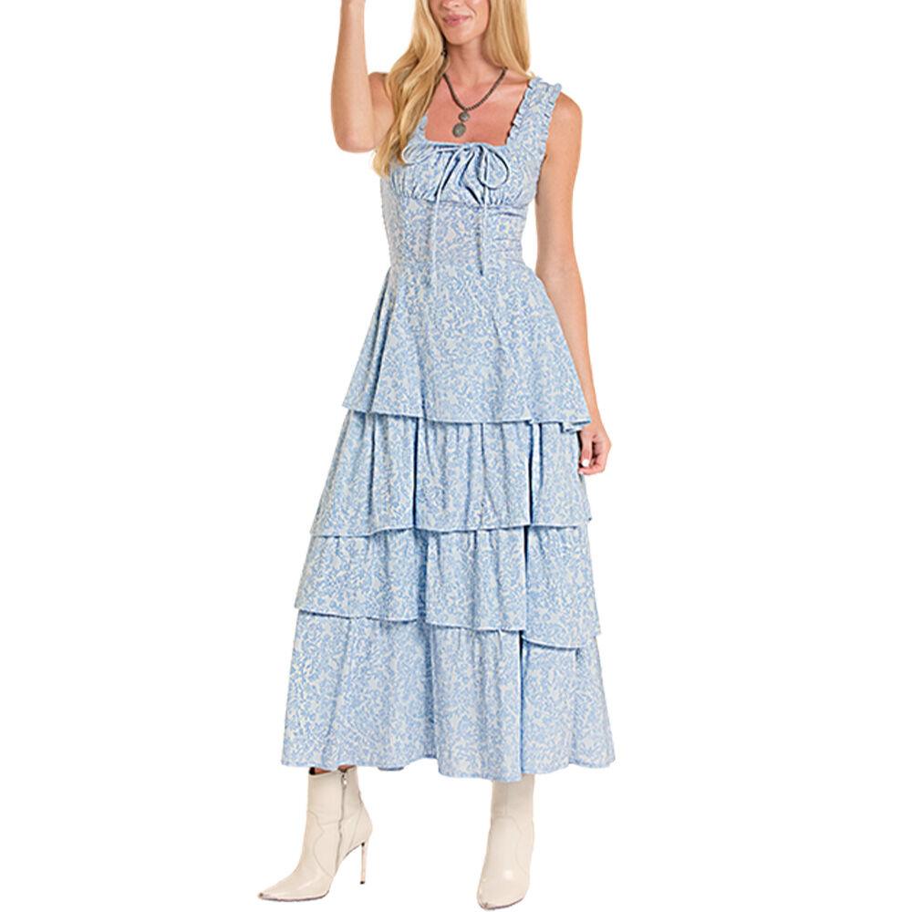 image of Women's Floral Ruffle Tiered Maxi Dress, Cerulean