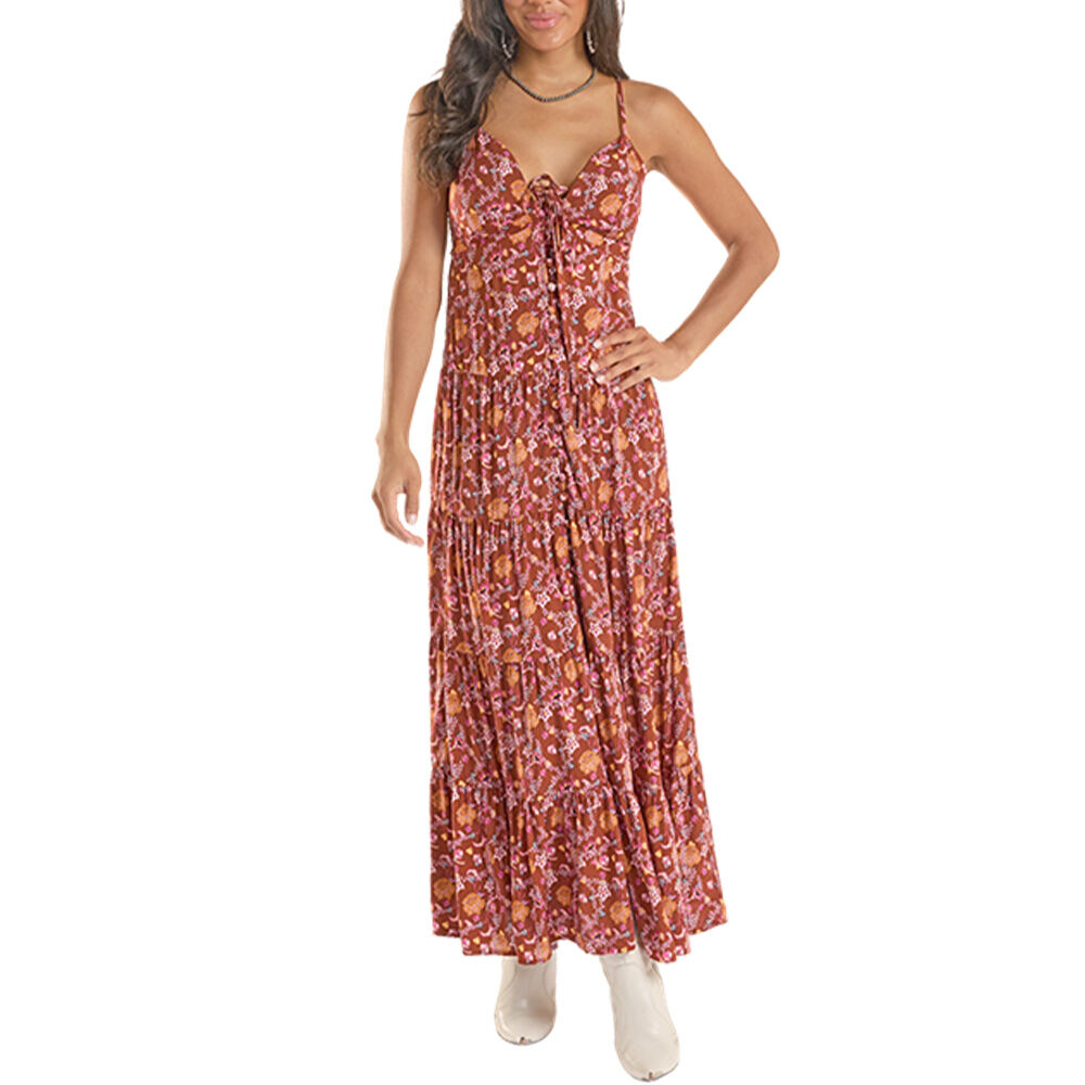 image of Women's Deep Floral Halter Maxi Dress, Burgundy