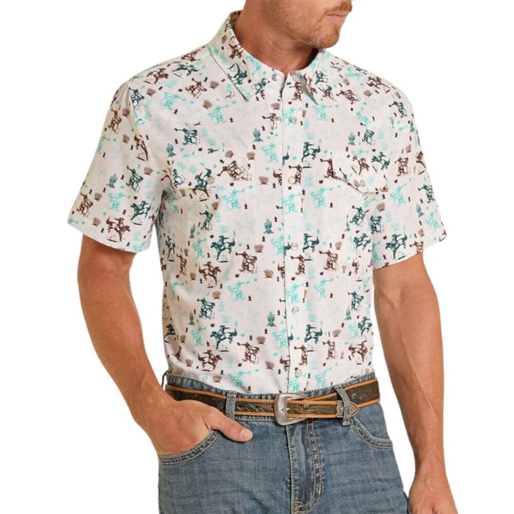 image of Men's Western Print Short Sleeve Snap Polo