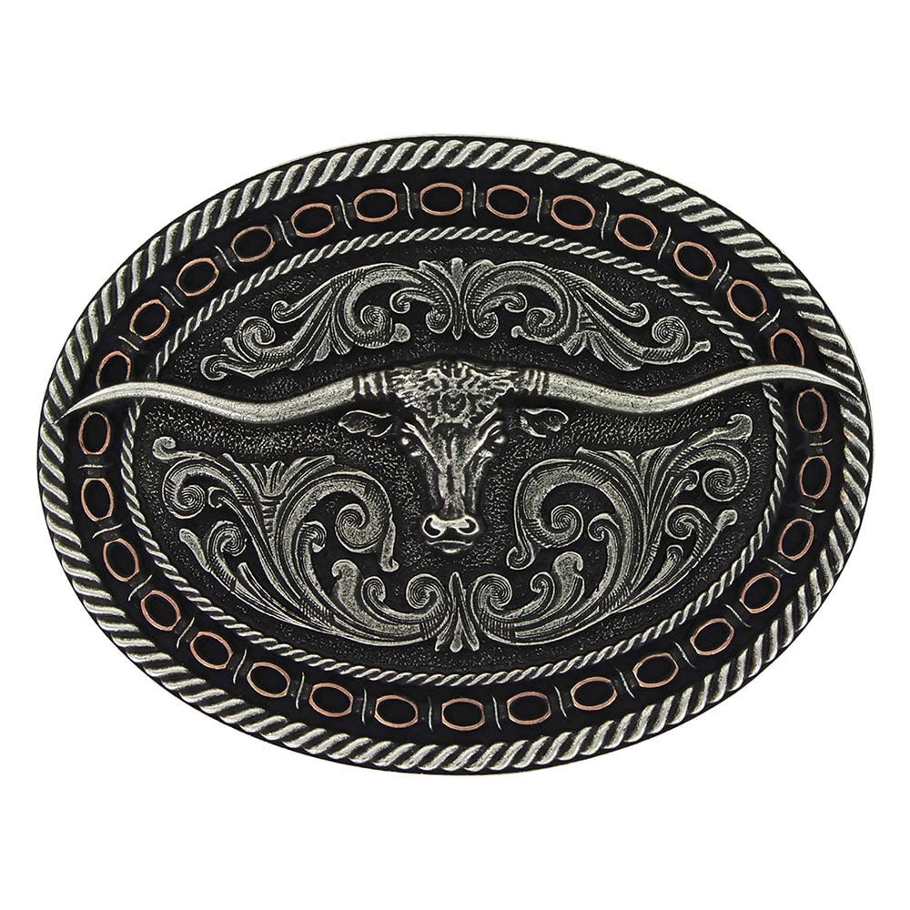 image of Two Tone Antiqued Round Barbed Longhorn Attitude Buckle