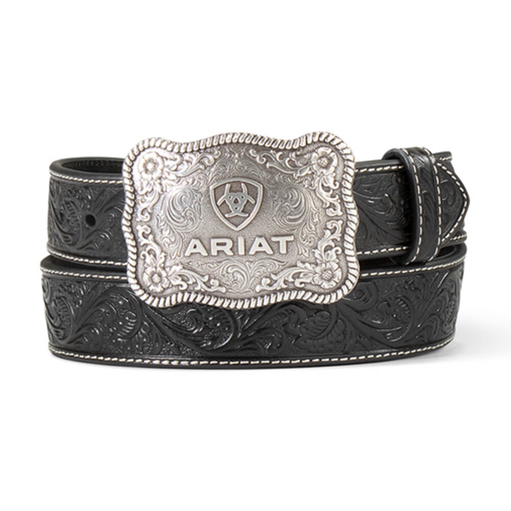 image of Men's Leather Belt with Embossed Plate Buckle