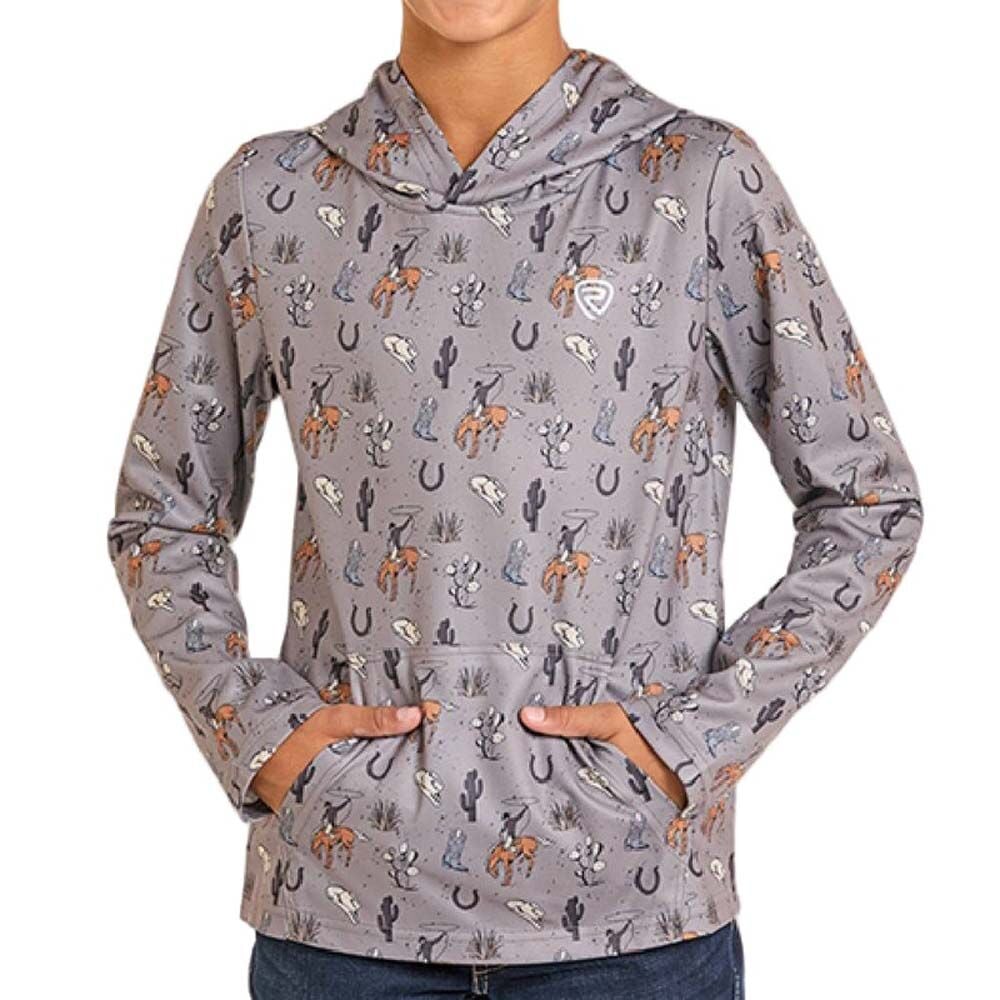 image of Boy's Western Print Performance Hoodie, Taupe