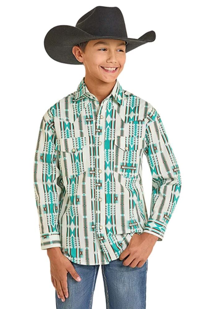 image of Boy's Snap Button Long Sleeve Shirt, Teal