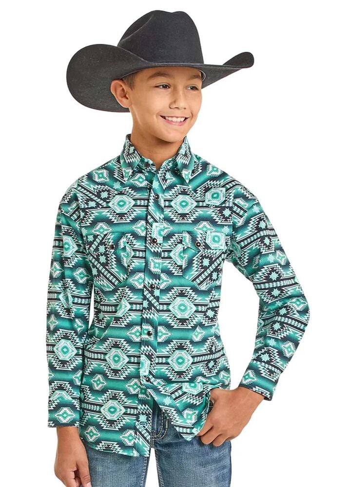 image of Boy's Aztec Snap Button Long Sleeve Shirt, Green