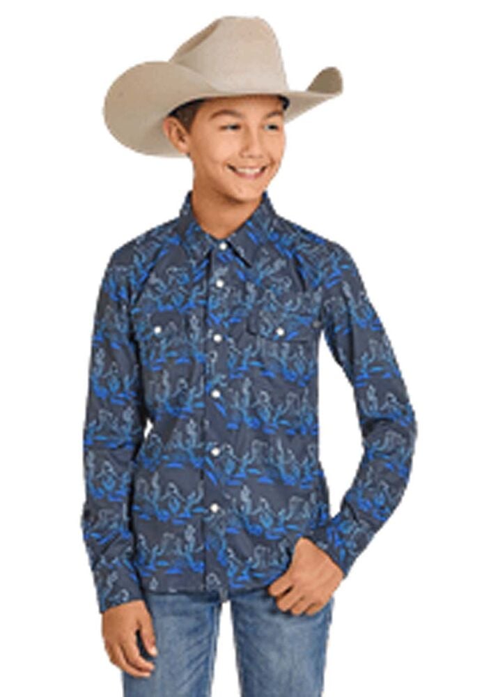 image of Boy's Snap Button Long Sleeve Shirt, Navy
