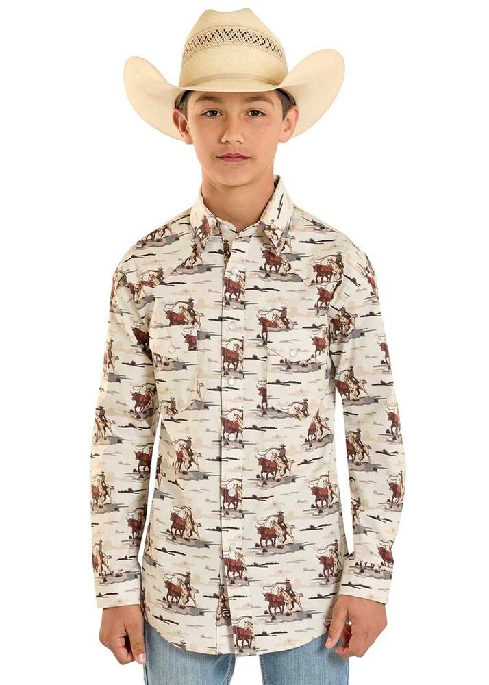 image of Boys' Cowboy Long Sleeve Snap Shirt, Cream