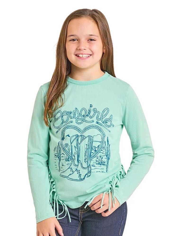 image of Girl's Fringe Long Sleeve Shirt, Turquoise