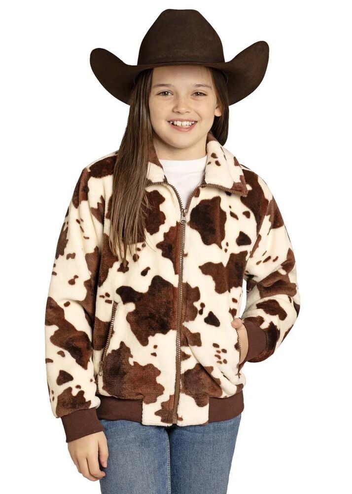 image of Girl's Plush Bomber Jacket, Cow Print